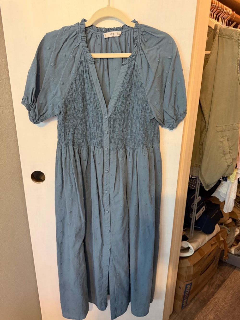 MNG by Mango Dusty Blue Smocked Midi Dress